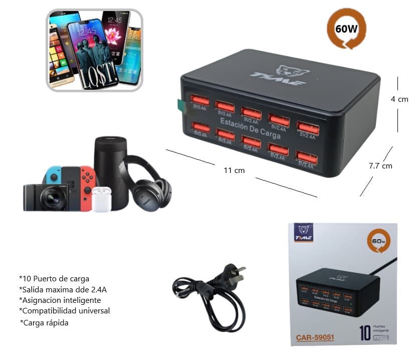 ESTACION TIME CARGA 10 PUERTOS USB 60W